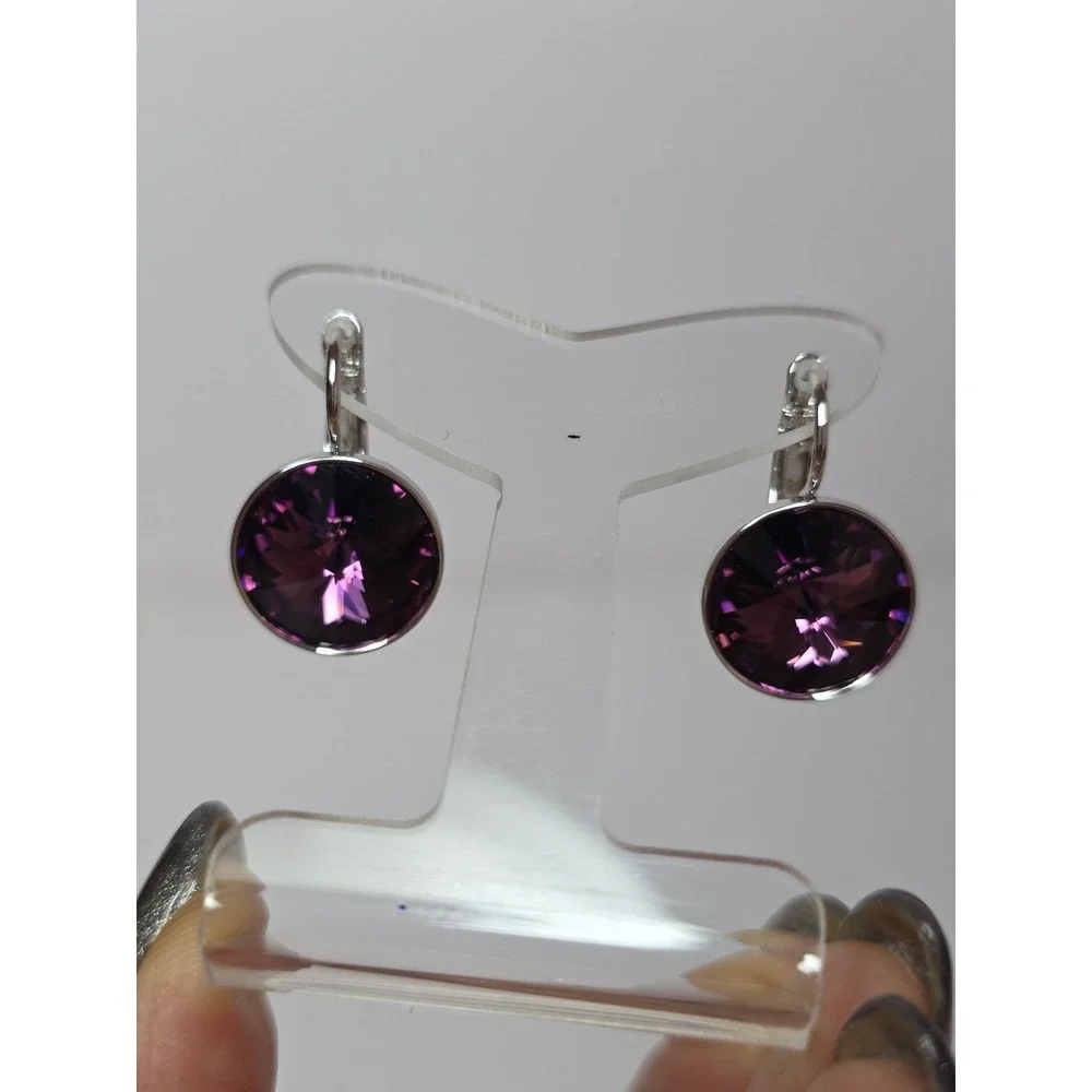 NEW CrystalsAustria Dark PurpleAmethyst 15mm Round LeverbackEarrings PlatinumPl